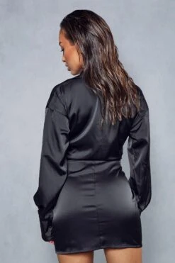 Satin Ruched Twist Front Shirt Dress 10 Satin Ruched Twist Front Shirt Dress -BOW Clothing Shop black satin ruched twist front shirt dress 2