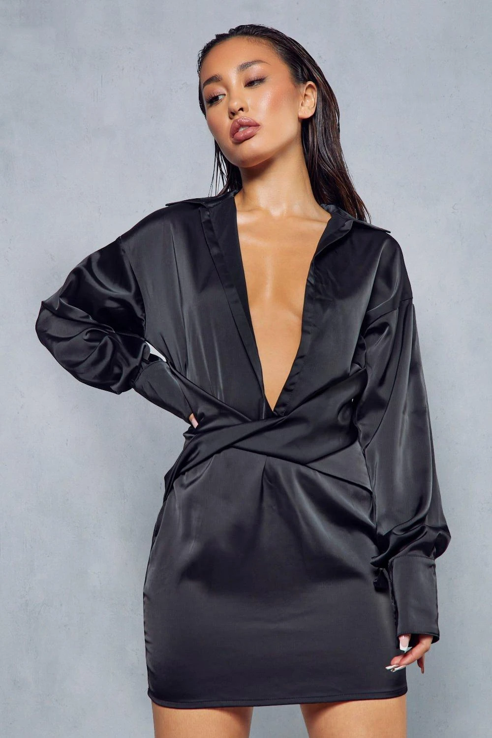 Satin Ruched Twist Front Shirt Dress 3 Satin Ruched Twist Front Shirt Dress