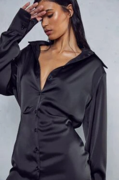 Satin Shoulder Pad Shirt Dress -BOW Clothing Shop black satin shoulder pad shirt dress 1