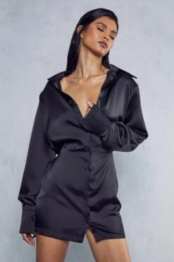 Satin Shoulder Pad Shirt Dress -BOW Clothing Shop black satin shoulder pad shirt dress 4