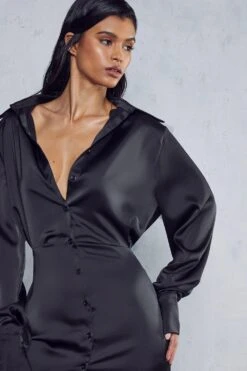 Satin Shoulder Pad Shirt Dress -BOW Clothing Shop black satin shoulder pad shirt dress 5