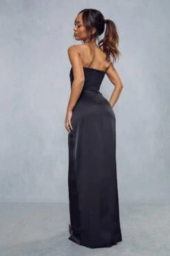 Satin Skirt Pleated Wrap Corset Maxi Dress -BOW Clothing Shop black satin skirt pleated wrap corset maxi dress 2