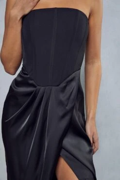 Satin Skirt Pleated Wrap Corset Maxi Dress -BOW Clothing Shop black satin skirt pleated wrap corset maxi dress 5