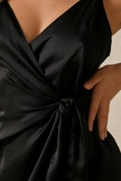 Satin Tie Side Wrap Dress -BOW Clothing Shop black satin tie side wrap dress 3