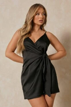 Satin Tie Side Wrap Dress -BOW Clothing Shop black satin tie side wrap dress 4