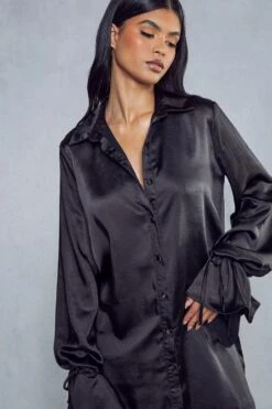 Satin Tie Sleeve Shirt Dress -BOW Clothing Shop black satin tie sleeve shirt dress 1