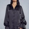 Satin Tie Sleeve Shirt Dress -BOW Clothing Shop black satin tie sleeve shirt dress