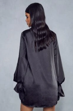 Satin Tie Sleeve Shirt Dress -BOW Clothing Shop black satin tie sleeve shirt dress 2