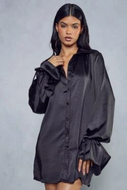 Satin Tie Sleeve Shirt Dress -BOW Clothing Shop black satin tie sleeve shirt dress 4