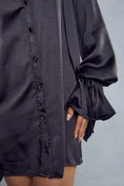 Satin Tie Sleeve Shirt Dress -BOW Clothing Shop black satin tie sleeve shirt dress 5