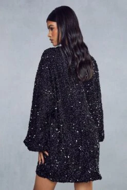 Sequin Oversized Long Sleeve Dress -BOW Clothing Shop black sequin oversized long sleeve dress 2