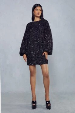 Sequin Oversized Long Sleeve Dress -BOW Clothing Shop black sequin oversized long sleeve dress 3