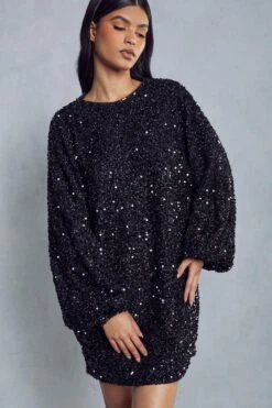 Sequin Oversized Long Sleeve Dress -BOW Clothing Shop black sequin oversized long sleeve dress 4