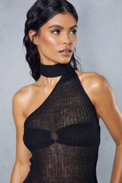 Sheer Knitted Choker Detail Mini Dress -BOW Clothing Shop black sheer knitted choker detail mini dress 1 1