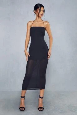 Sheer Overlay Strappy Halterneck Tie Back Midaxi Dress