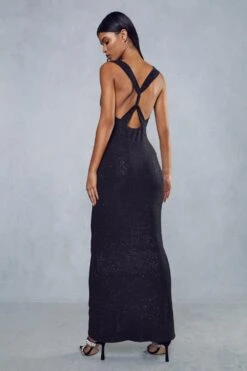 Sparkle Double Layer Cowl Plunge Maxi Dress -BOW Clothing Shop black sparkle double layer cowl plunge maxi dress 2