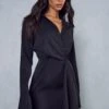 Split Sleeve Drape Detail Tailored Shirt Dress -BOW Clothing Shop black split sleeve drape detail tailored shirt dress