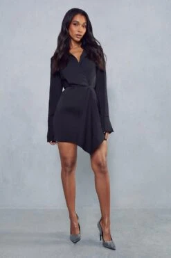 Split Sleeve Drape Detail Tailored Shirt Dress -BOW Clothing Shop black split sleeve drape detail tailored shirt dress 3