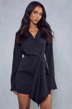 Split Sleeve Drape Detail Tailored Shirt Dress -BOW Clothing Shop black split sleeve drape detail tailored shirt dress 4