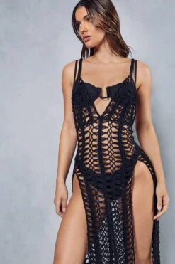 Strappy Split Front Maxi Dress Cover Up -BOW Clothing Shop black strappy split front maxi dress cover up 1