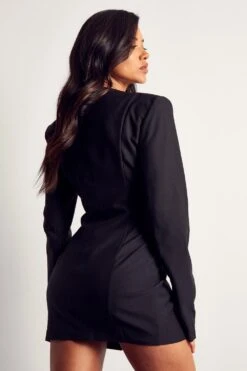 Tailored Collarless Plunge Blazer Dress -BOW Clothing Shop black tailored collarless plunge blazer dress 2