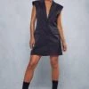 Tailored Satin Sleeveless Blazer Dress -BOW Clothing Shop black tailored satin sleeveless blazer dress
