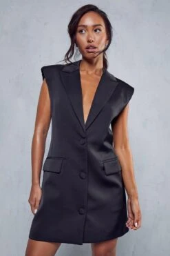 Tailored Satin Sleeveless Blazer Dress -BOW Clothing Shop black tailored satin sleeveless blazer dress 4