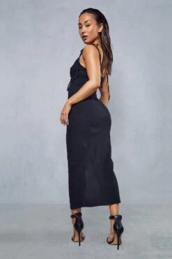 Textured Linen Look Ruched Cut Out Midi Dress -BOW Clothing Shop black textured linen look ruched cut out midi dress 2