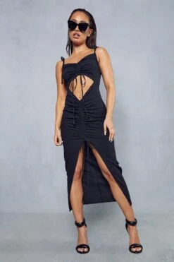 Textured Linen Look Ruched Cut Out Midi Dress -BOW Clothing Shop black textured linen look ruched cut out midi dress 3