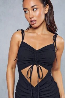 Textured Linen Look Ruched Cut Out Midi Dress -BOW Clothing Shop black textured linen look ruched cut out midi dress 4