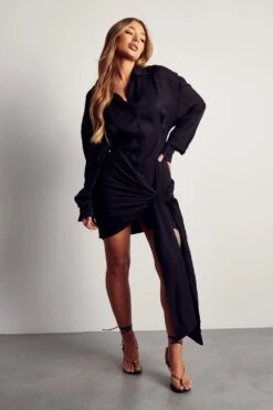 Textured Linen Look Wrap Oversized Shirt Dress 10 Textured Linen Look Wrap Oversized Shirt Dress -BOW Clothing Shop black textured linen look wrap oversized shirt dress 3