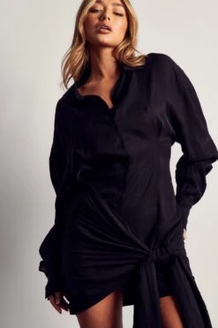 Textured Linen Look Wrap Oversized Shirt Dress 11 Textured Linen Look Wrap Oversized Shirt Dress -BOW Clothing Shop black textured linen look wrap oversized shirt dress 4