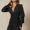 Textured Puff Sleeve Shirring Detail Dress -BOW Clothing Shop black textured puff sleeve shirring detail dress