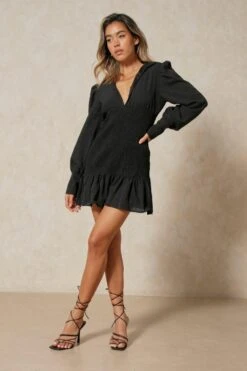 Textured Puff Sleeve Shirring Detail Dress 11 Textured Puff Sleeve Shirring Detail Dress -BOW Clothing Shop black textured puff sleeve shirring detail dress 3