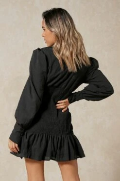 Textured Puff Sleeve Shirring Detail Dress 13 Textured Puff Sleeve Shirring Detail Dress -BOW Clothing Shop black textured puff sleeve shirring detail dress 5