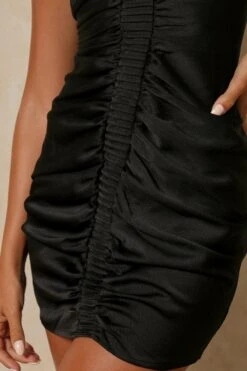 Textured Satin Ruched Mini Dress -BOW Clothing Shop black textured satin ruched mini dress 5