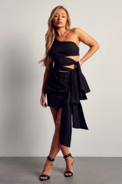 Tie Detail One Shoulder Dress -BOW Clothing Shop black tie detail one shoulder dress 1
