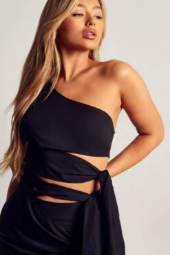 Tie Detail One Shoulder Dress -BOW Clothing Shop black tie detail one shoulder dress 2