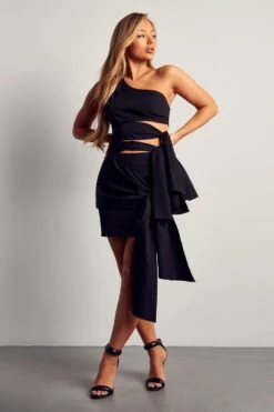 Tie Detail One Shoulder Dress -BOW Clothing Shop black tie detail one shoulder dress 4