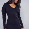 V Neck Puff Sleeve Knitted Dress -BOW Clothing Shop black v neck puff sleeve knitted dress