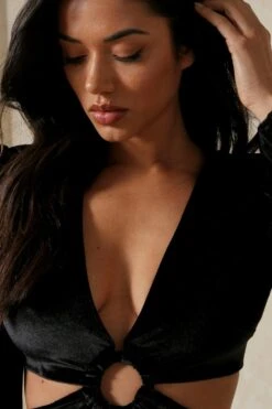 Velvet Shoulder Pad Cut Out Mini Dress -BOW Clothing Shop black velvet shoulder pad cut out mini dress 2