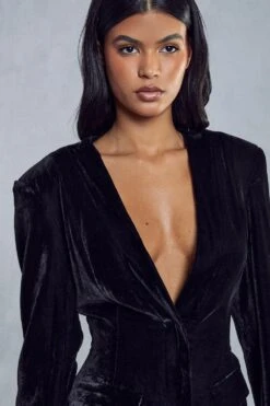 Velvet Tailored Collarless Blazer Dress -BOW Clothing Shop black velvet tailored collarless blazer dress 1