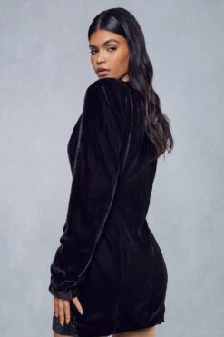 Velvet Tailored Collarless Blazer Dress -BOW Clothing Shop black velvet tailored collarless blazer dress 2