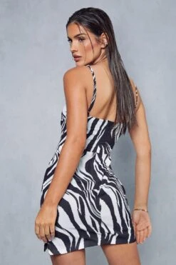 Zebra Print Underwired Curved Neck Mini Slip Dress -BOW Clothing Shop black zebra print underwired curved neck mini slip dress 2