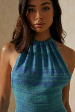 Contrast Knit Low Back Halterneck Mini Dress -BOW Clothing Shop blue contrast knit low back halterneck mini dress 4