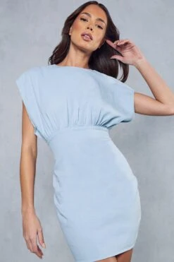 Denim Gathered Detail Mini Dress -BOW Clothing Shop blue denim gathered detail mini dress 4