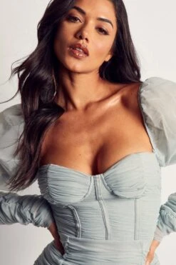 Mesh Ruched Puff Sleeve Mini Dress -BOW Clothing Shop blue mesh ruched puff sleeve mini dress 1