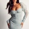 Mesh Ruched Puff Sleeve Mini Dress -BOW Clothing Shop blue mesh ruched puff sleeve mini dress