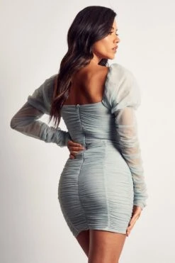 Mesh Ruched Puff Sleeve Mini Dress -BOW Clothing Shop blue mesh ruched puff sleeve mini dress 2