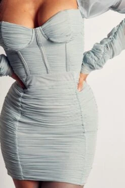 Mesh Ruched Puff Sleeve Mini Dress -BOW Clothing Shop blue mesh ruched puff sleeve mini dress 4